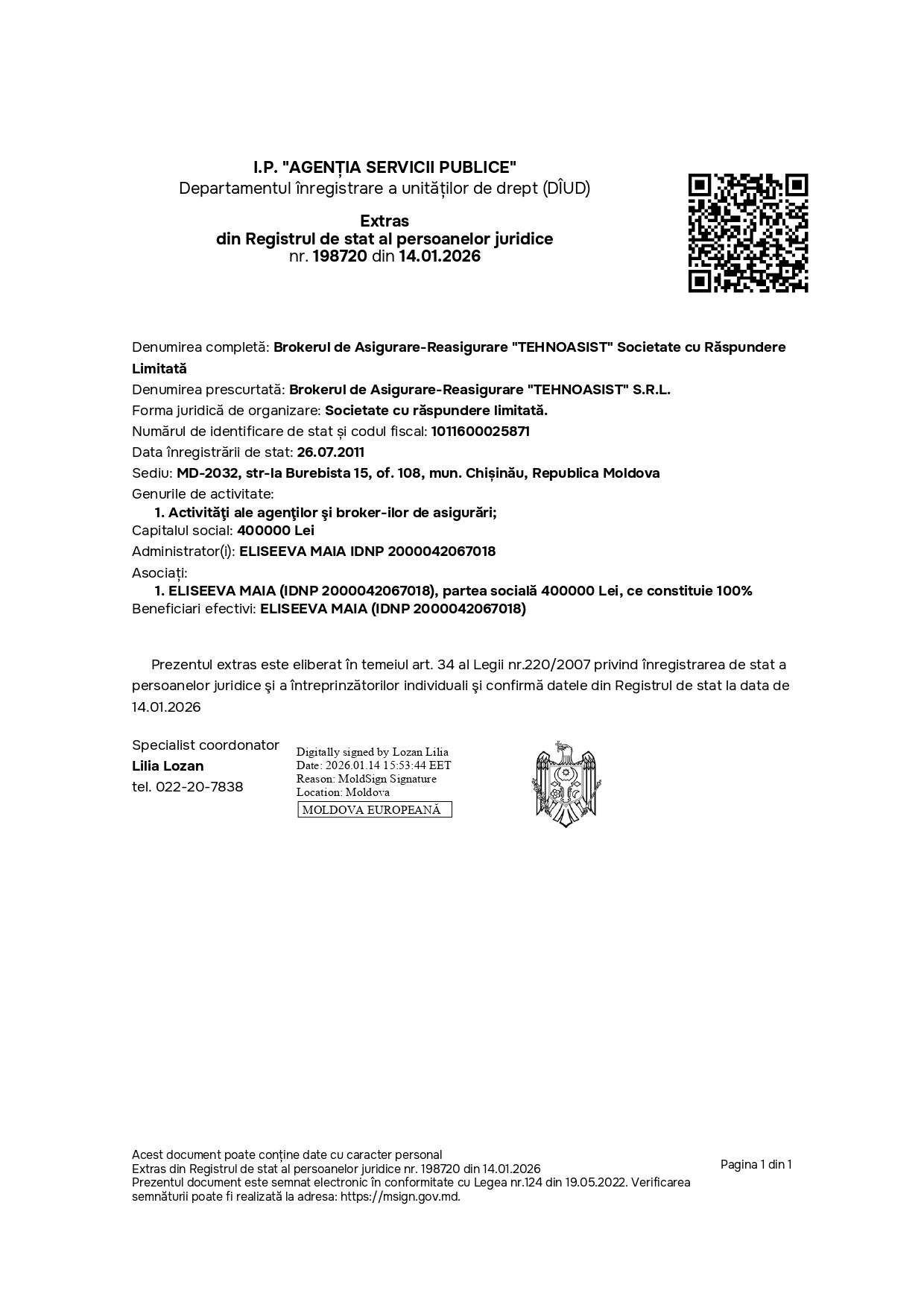 Extras din Registrul de stat al persoanelor juridice nr. 198720 din 14.01.2026